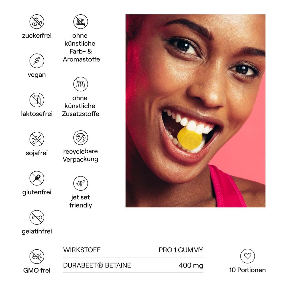Frau mit gelber Gummie im Mund. Text: 'Wirkstoff DuraBeet Betaine 400 mg'. Symbole: zuckerfrei, vegan, etc.