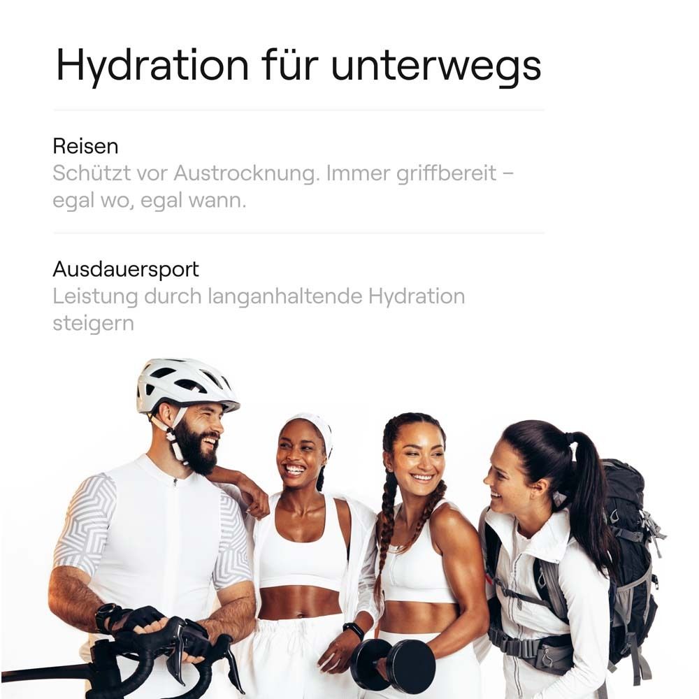 Text: 'Hydration für unterwegs'. Sportlergruppe. Radfahrer, Läufer, Wanderer. Text: 'Reisen', 'Ausdauersport'.