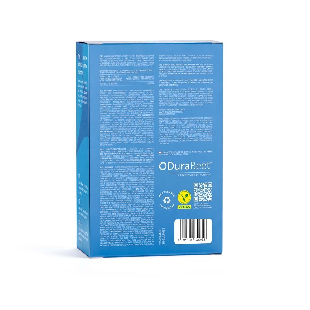 Rückseite der blauen Box. Text und Logos. 'ODuraBeet' und 'Vegan' Logo. QR-Code.