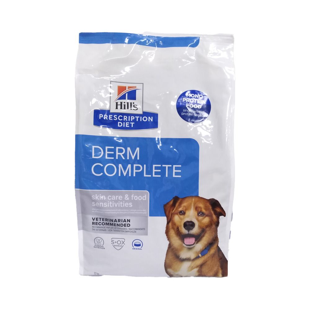 Hundefutterbeutel mit Hill's Prescription Diet-Logo. Aufschrift: Derm Complete, Hautpflege & Futtermittelunverträglichkeiten. Hund abgebildet.