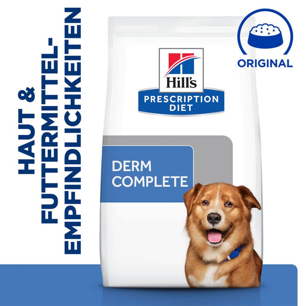 Hundefutterbeutel mit Hill's Prescription Diet-Logo. Aufschrift: Derm Complete, Haut & Futtermittelunverträglichkeiten. Hund abgebildet.