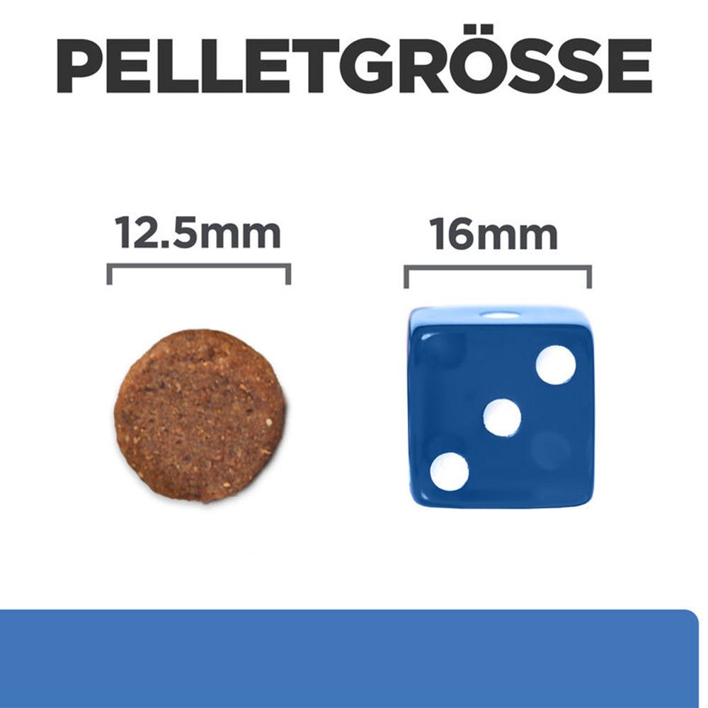 Vergleich der Pelletgröße. Links: 12,5 mm Pellet. Rechts: 16 mm blauer Würfel mit weißen Punkten.