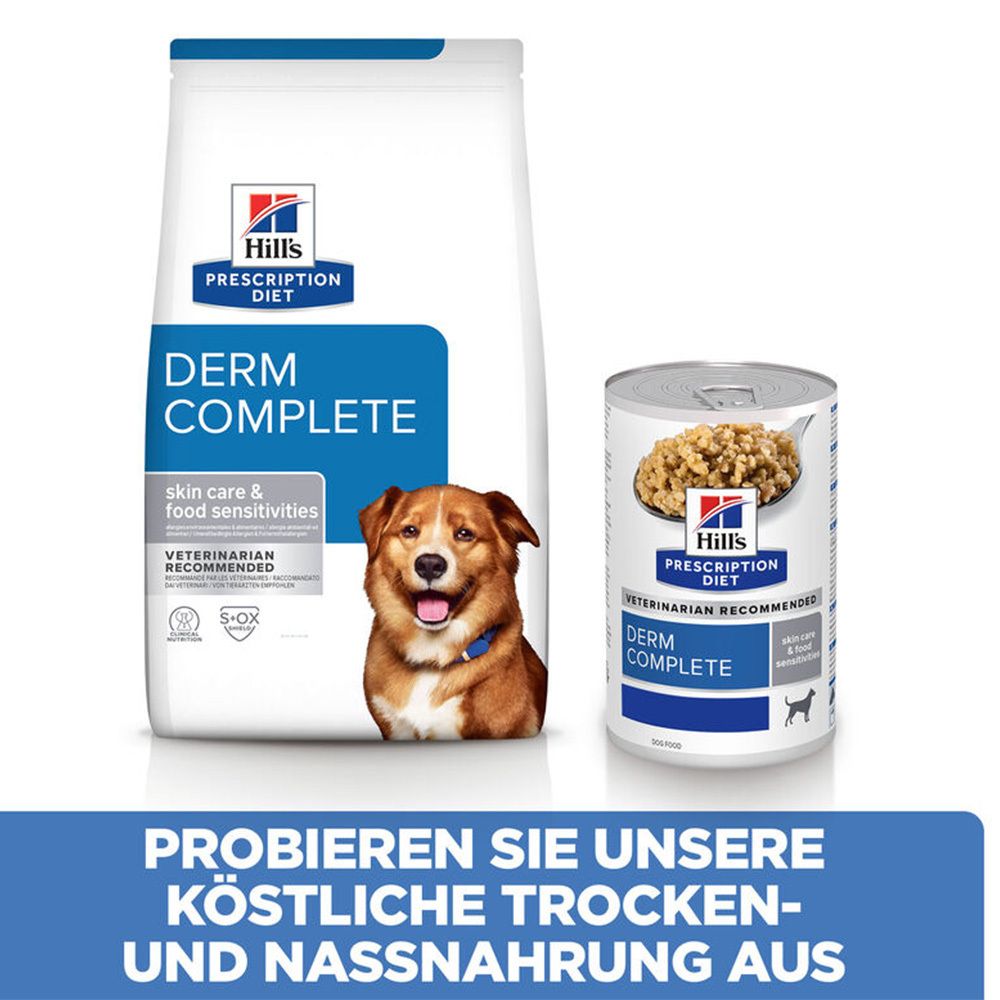 Hundefutterbeutel und Dose mit Hill's Prescription Diet. Aufschrift: Derm Complete. Trocken- und Nassnahrung.