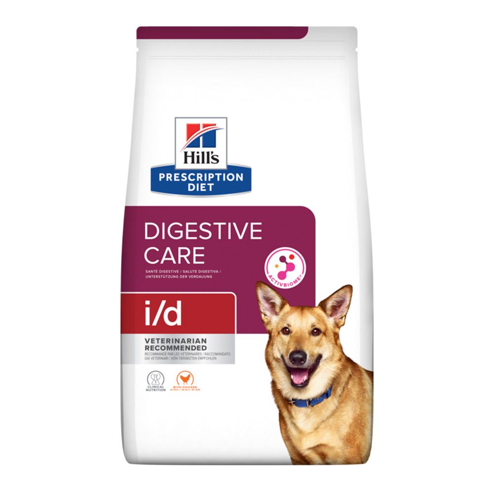 Hundefutter-Beutel mit Huhn. "Hill's Prescription Diet i/d"-Logo. "Digestive Care" und "i/d"-Schriftzug. Hund abgebildet.