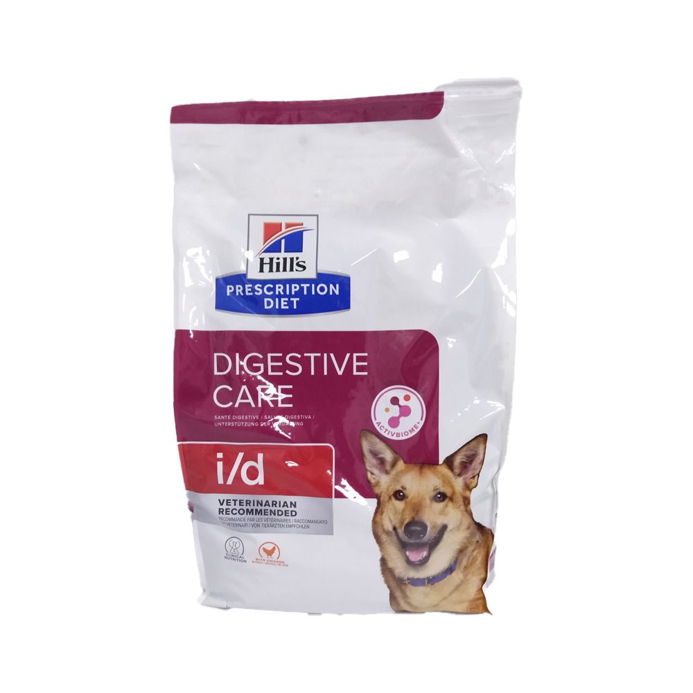 Hundefutter-Beutel mit Huhn. "Hill's Prescription Diet i/d"-Logo. "Digestive Care" und "i/d"-Schriftzug. Hund abgebildet.