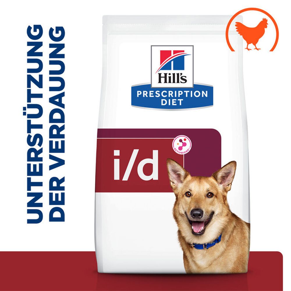 Hundefutter-Beutel mit Huhn. "Hill's Prescription Diet"-Logo. "i/d"-Schriftzug. Huhn-Symbol. Hund abgebildet.