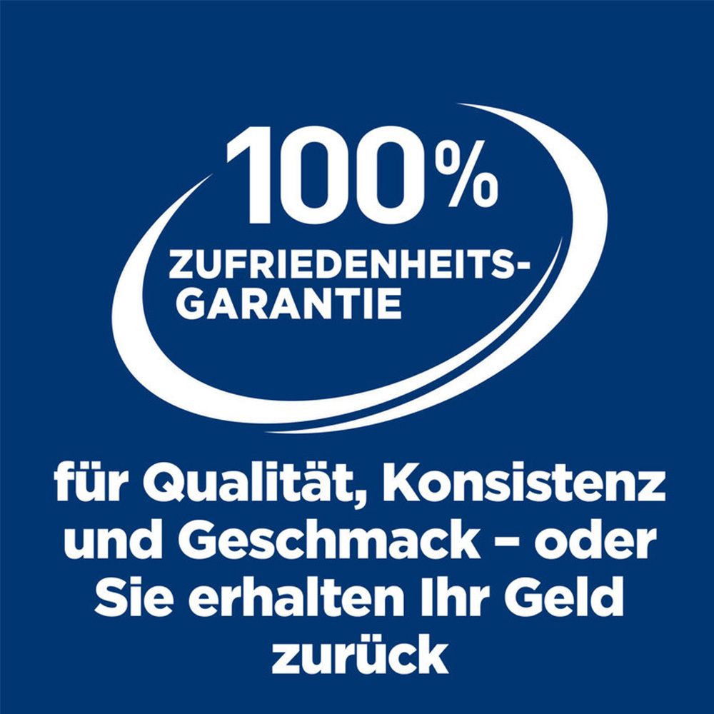 Text: 100% Zufriedenheitsgarantie. Für Qualität, Konsistenz und Geschmack - oder Sie erhalten Ihr Geld zurück.