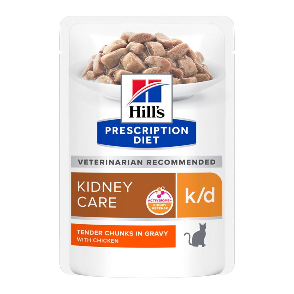 Katzenfutterbeutel mit Hill's Prescription Diet, k/d, Nierenpflege, Huhn. Weißer Beutel mit Produktabbildung und Logo.