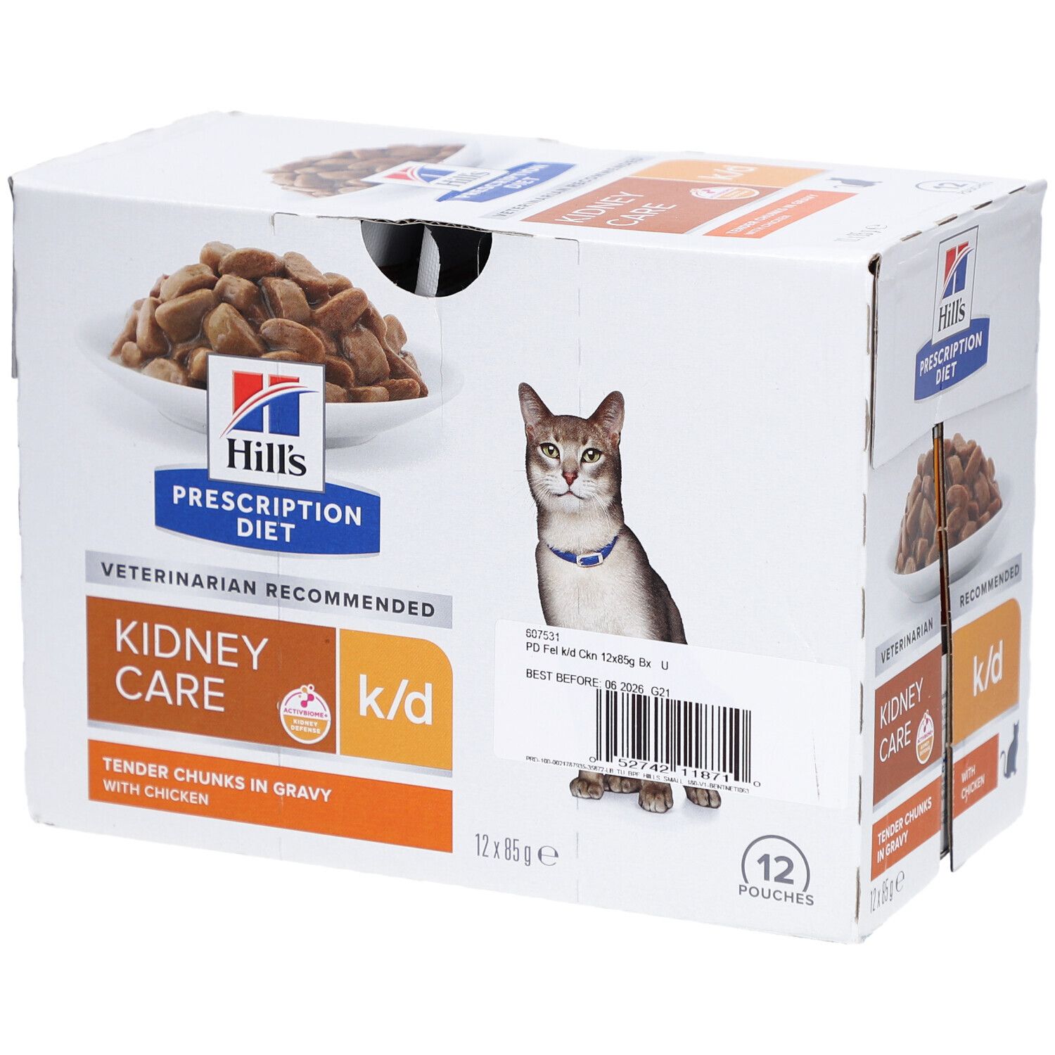 Karton mit 12 Beuteln Nassfutter. Produktname: Hill's Prescription Diet k/d Kidney Care. Katze und Produktabbildung.