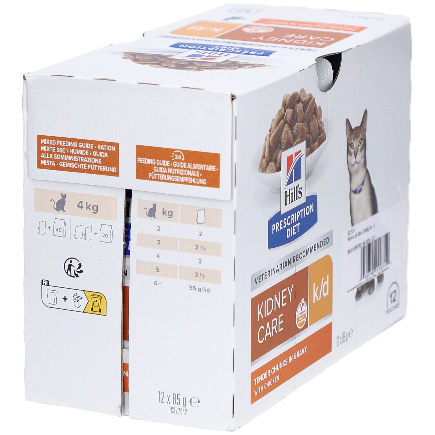 Karton mit 12 Beuteln Nassfutter. Produktname: Hill's Prescription Diet k/d Kidney Care. Fütterungshinweise.