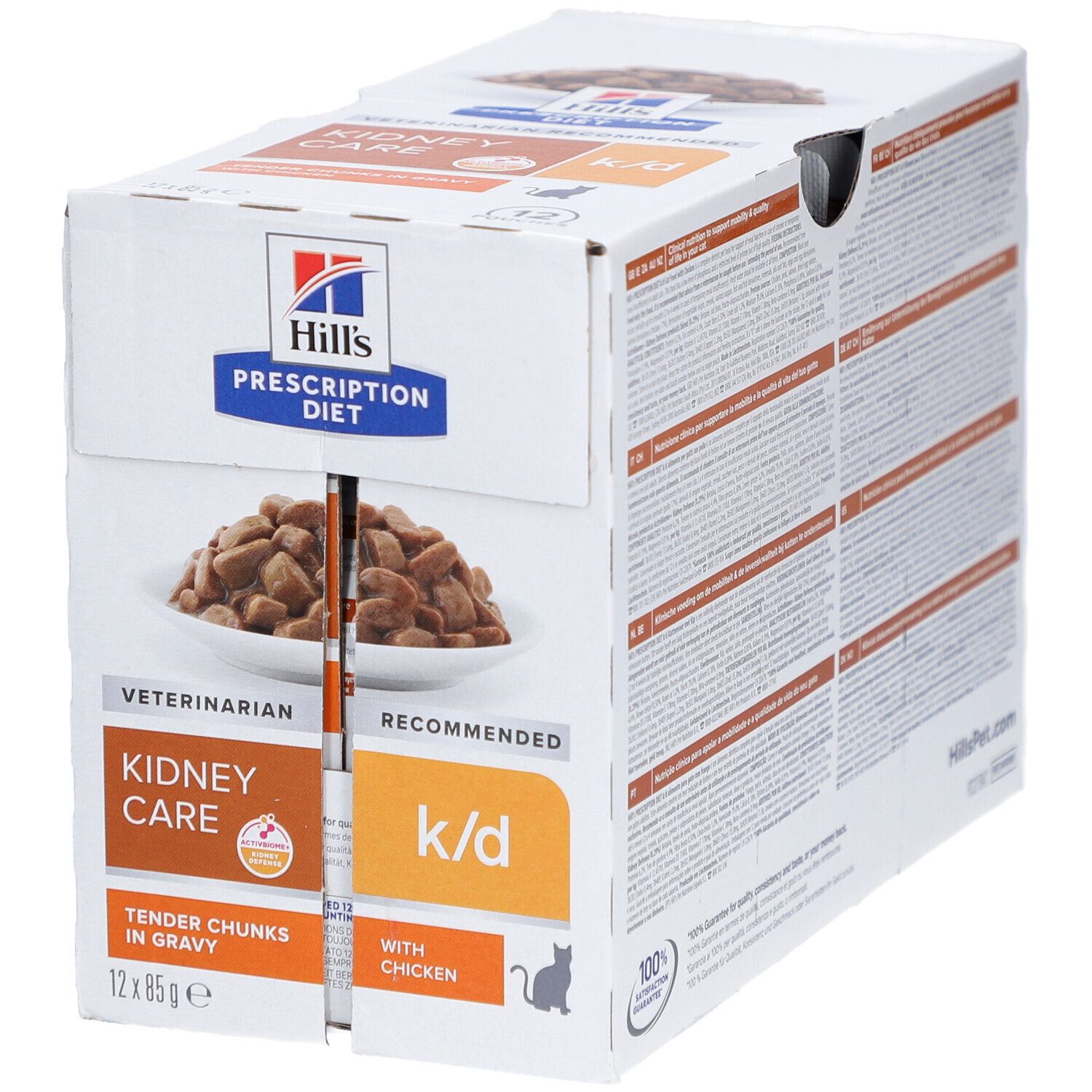 Karton mit 12 Beuteln Nassfutter. Produktname: Hill's Prescription Diet k/d Kidney Care. Katze und Produktabbildung.