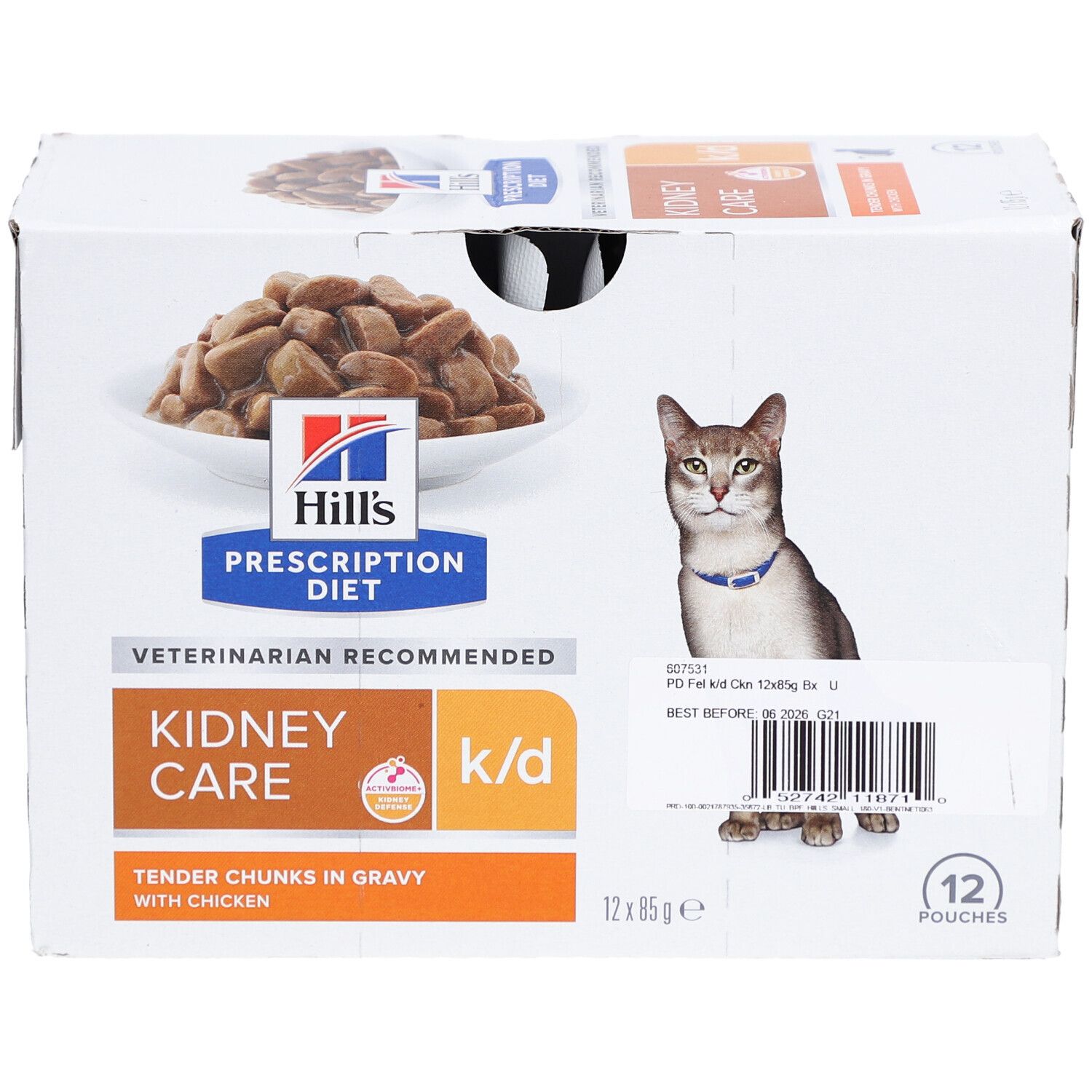 Karton mit 12 Beuteln Nassfutter. Produktname: Hill's Prescription Diet k/d Kidney Care. Katze und Produktabbildung.
