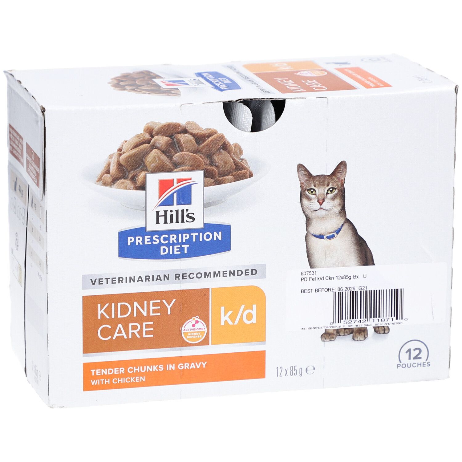 Karton mit 12 Beuteln Nassfutter. Produktname: Hill's Prescription Diet k/d Kidney Care. Katze und Produktabbildung.
