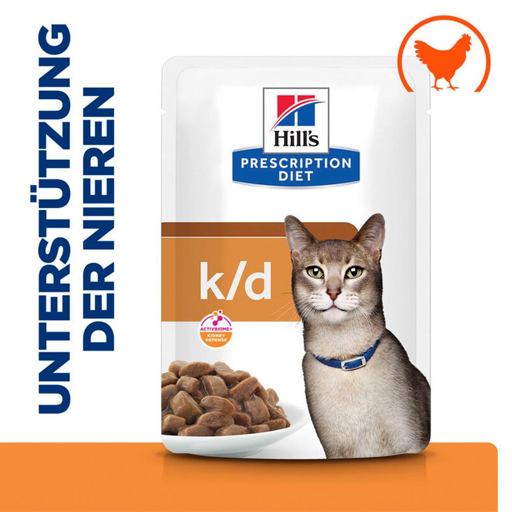 Katze mit Halsband neben Futterbeutel. Aufschrift: Unterstützung der Nieren. Logo und Produktname: Hill's Prescription Diet k/d.