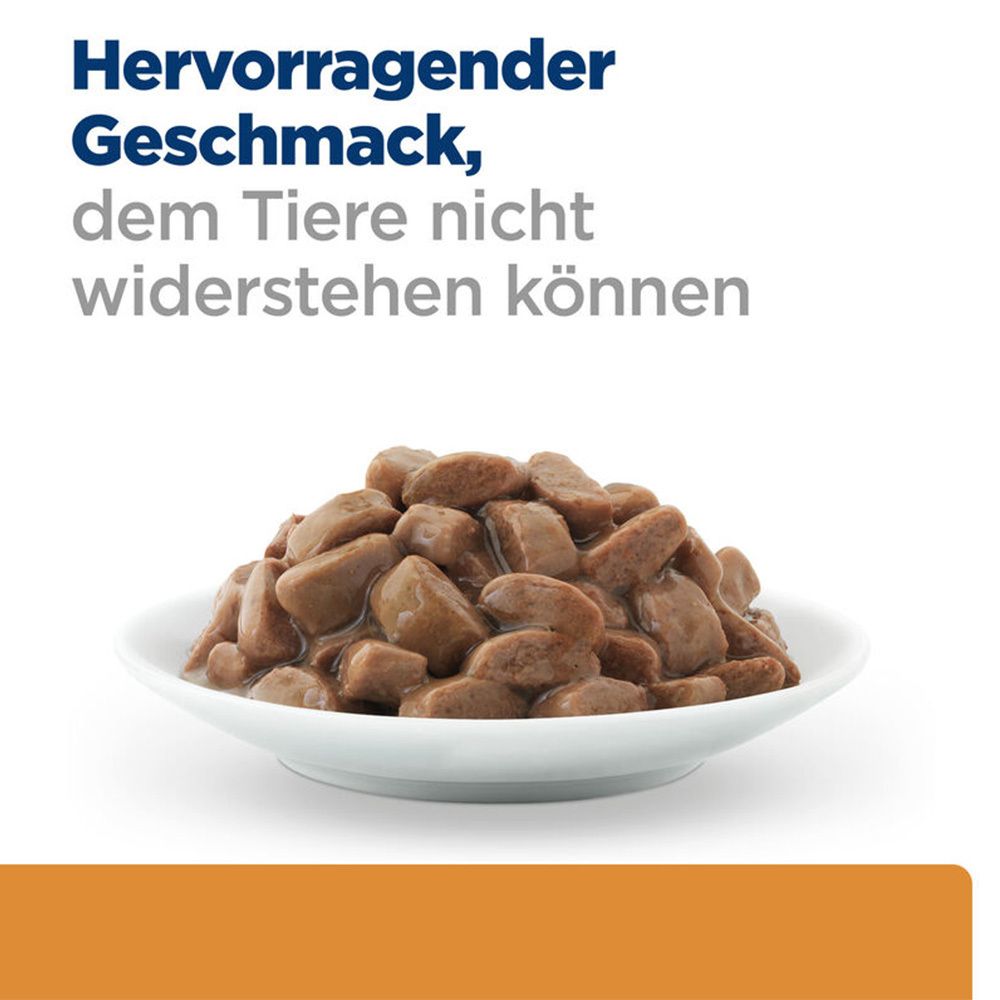 Weißer Teller mit Futterbrocken. Text: Hervorragender Geschmack, dem Tiere nicht widerstehen können.