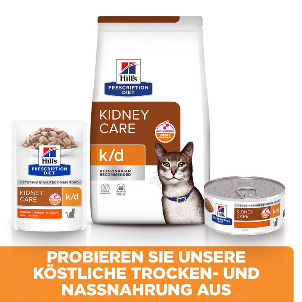 Drei Produkte: Trockenfutterbeutel, Nassfutterdose und Nassfutterbeutel. Alle mit Logo und Produktnamen: Hill's Prescription Diet k/d.