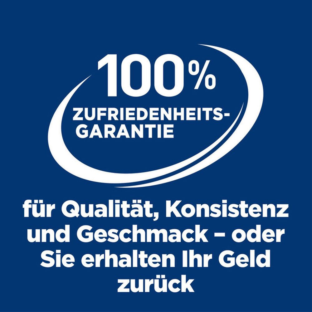 Blauer Hintergrund mit weißem Oval. Text: 100% Zufriedenheitsgarantie. Für Qualität, Konsistenz und Geschmack oder Geld zurück.