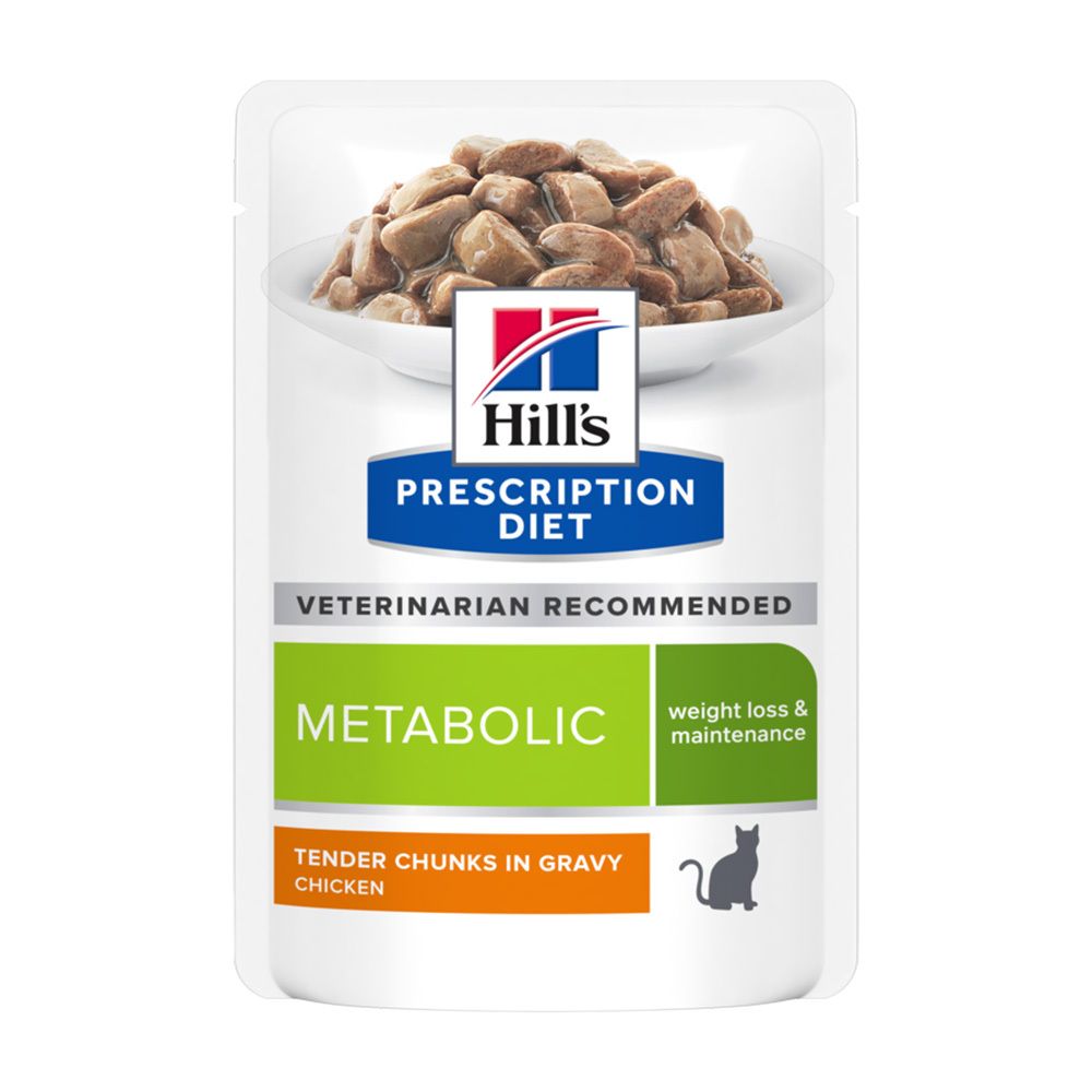 Hill's Prescription Diet Metabolic Nassfutter für Katzen. Grün-weißes Päckchen mit Futterbrocken und Logo.