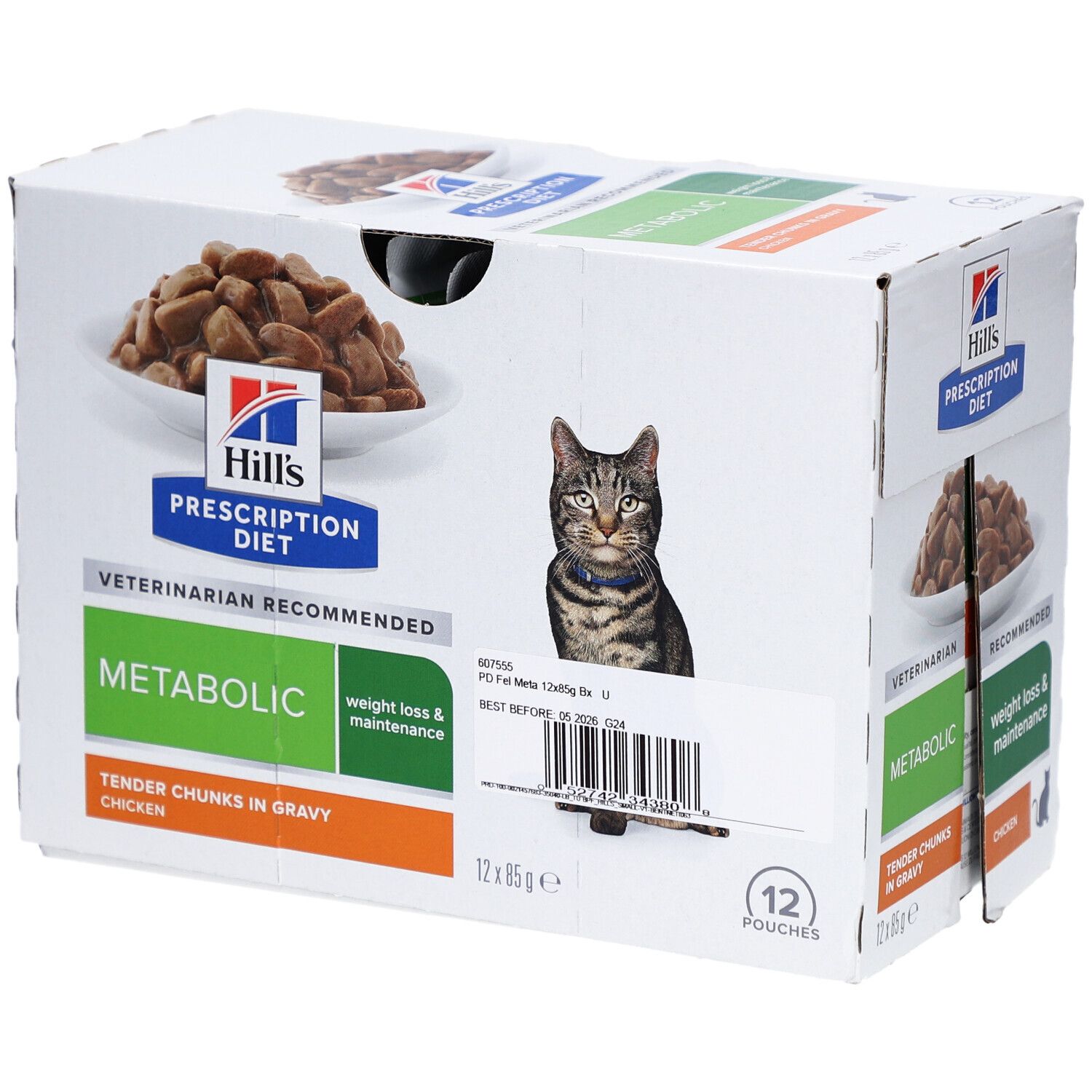 Karton mit 12 Beuteln Hill's Prescription Diet Metabolic Nassfutter für Katzen. Produktabbildung.