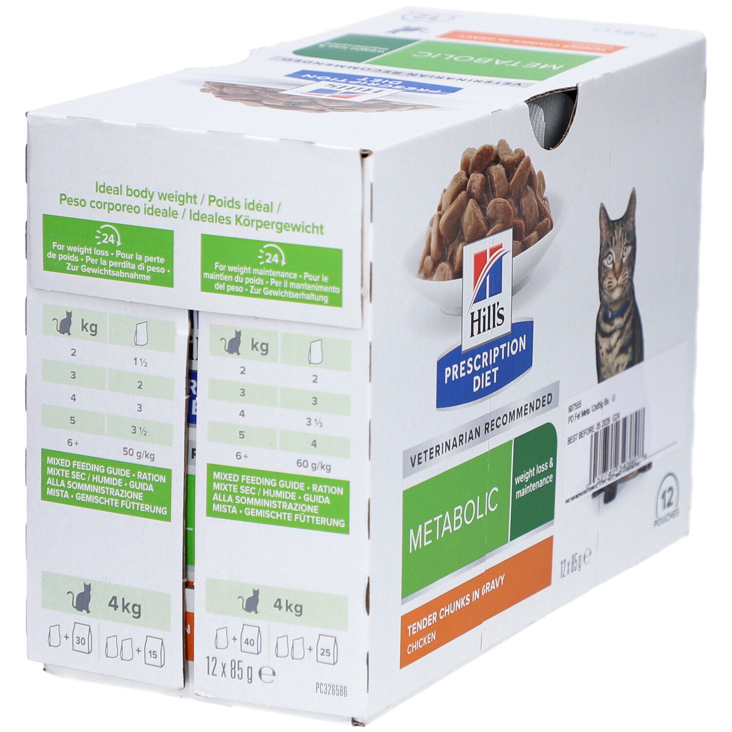 Karton mit 12 Beuteln Hill's Prescription Diet Metabolic Nassfutter für Katzen. Fütterungstabelle.