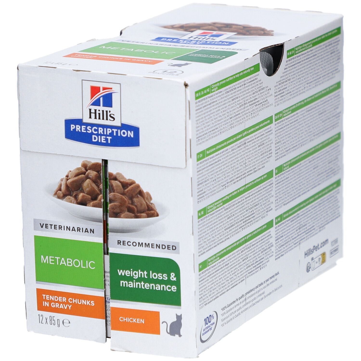 Verpackung von Hill's Prescription Diet Metabolic Nassfutter für Katzen. Produktabbildung und Text.