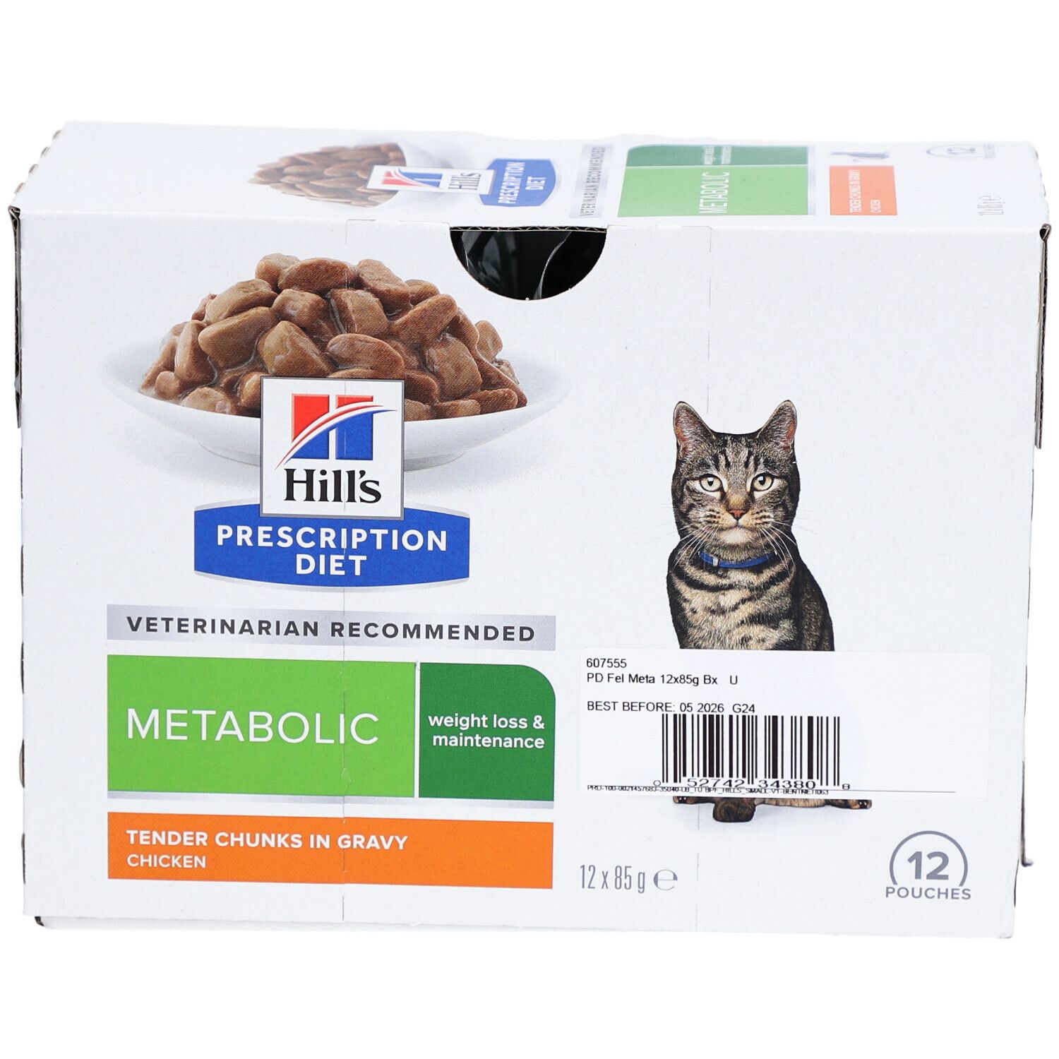 Karton mit 12 Beuteln Hill's Prescription Diet Metabolic Nassfutter für Katzen. Produktabbildung.