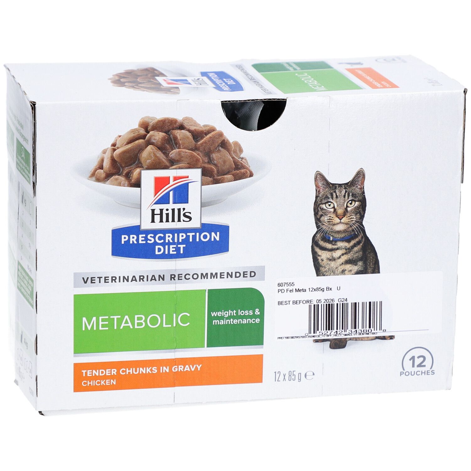 Karton mit 12 Beuteln Hill's Prescription Diet Metabolic Nassfutter für Katzen. Produktabbildung.