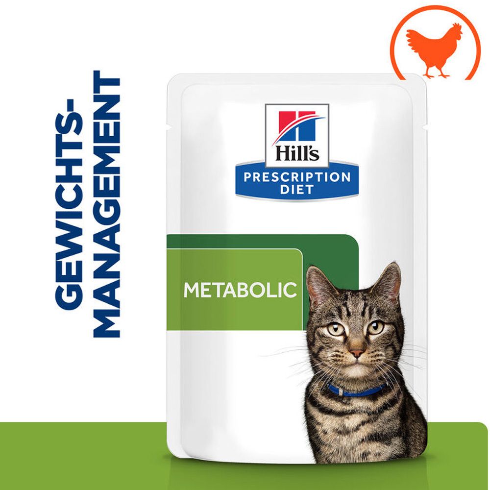 Hill's Prescription Diet Metabolic für Katzen. Grün-weißes Päckchen mit Katze und Logo. Gewichtskontrolle.