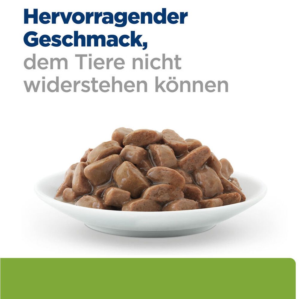 Weißer Teller mit Futterbrocken. Text: Hervorragender Geschmack, dem Tiere nicht widerstehen können.