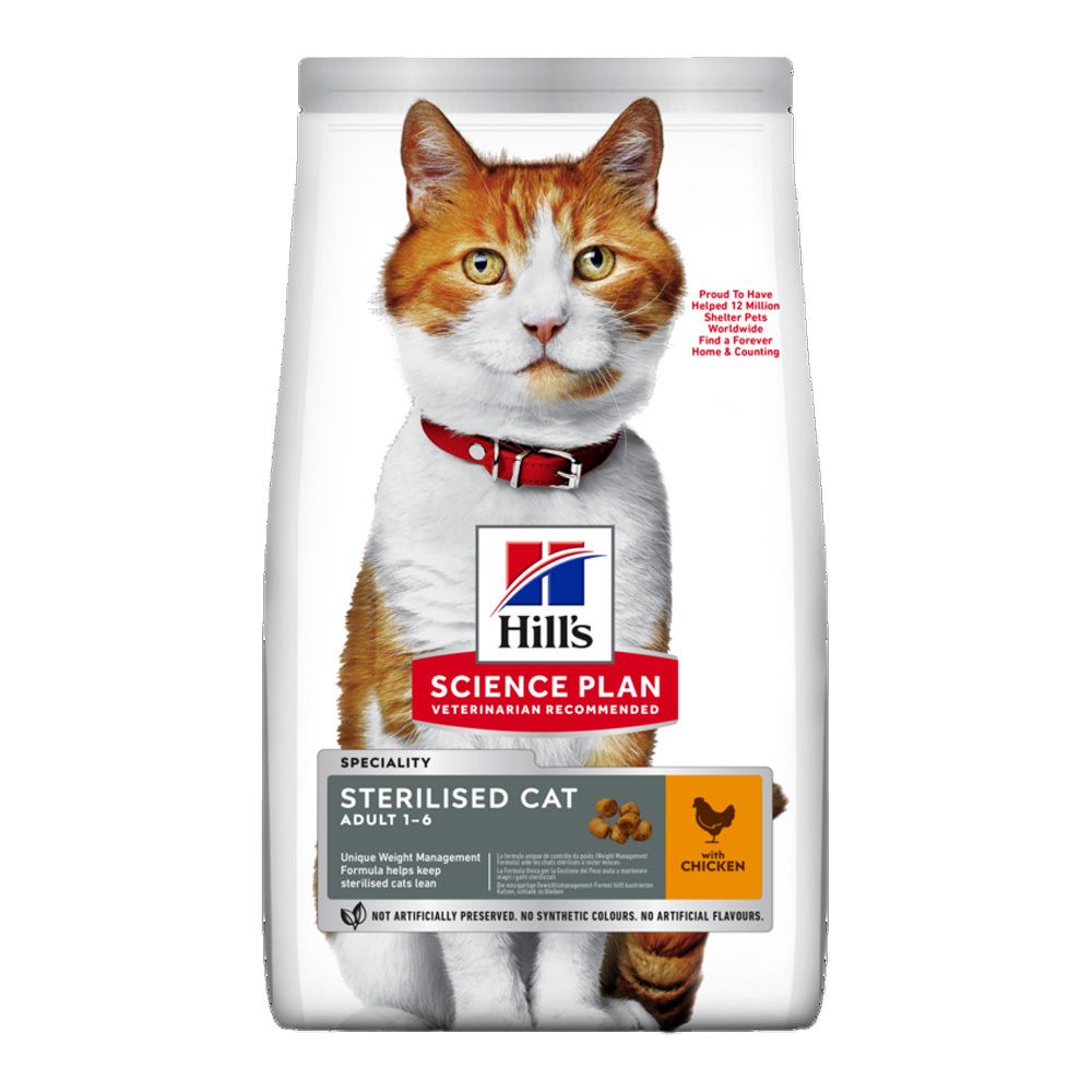 Verpackung Katzenfutter mit Katze, Logo und Text. "Hill's Science Plan Sterilised Cat Adult". Mit Huhn.