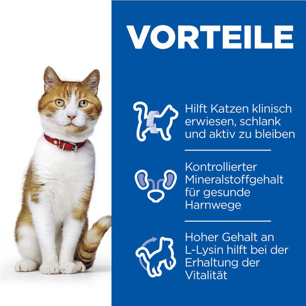 Vorteile: Hilft Katzen schlank zu bleiben, kontrollierter Mineralstoffgehalt, hoher L-Lysin-Gehalt.
