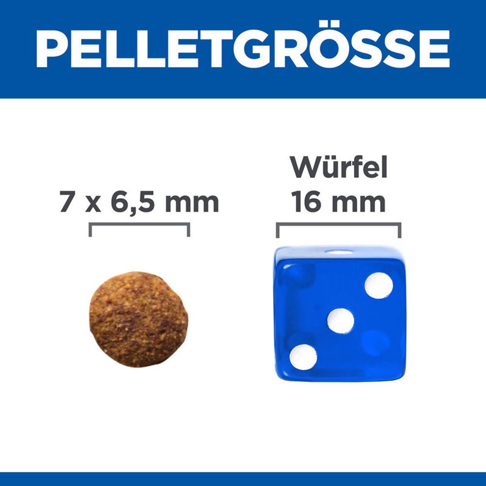 Pelletgröße: 7 x 6,5 mm und Würfel 16 mm. Vergleich der Futterpelletgröße mit einem Würfel.
