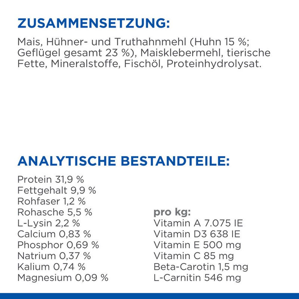 Zusammensetzung und analytische Bestandteile des Katzenfutters. Angaben zu Proteinen, Fetten, Mineralien und Vitaminen.