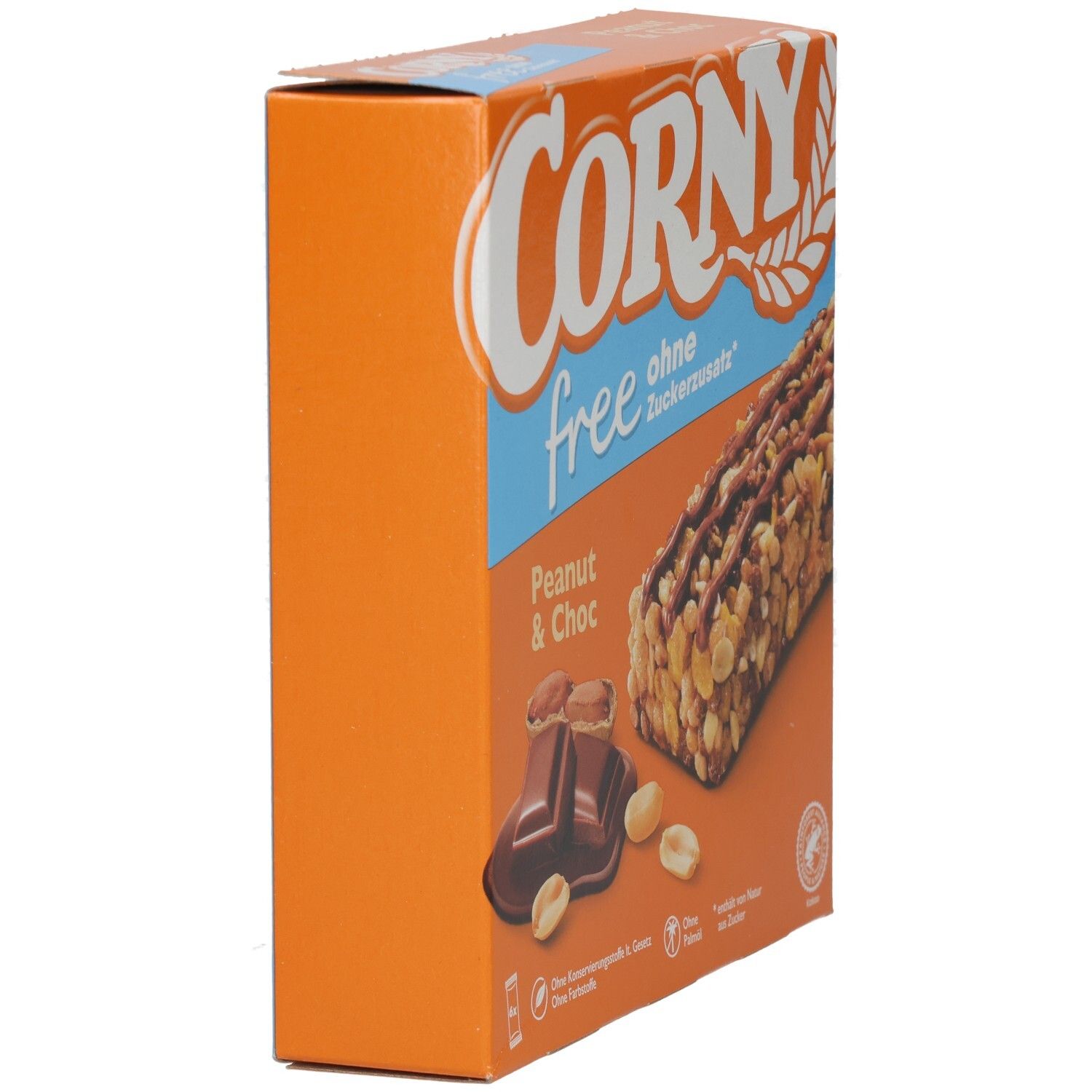 Blaue Schachtel CORNY free Peanut & Choc. Seitenansicht mit Nährwertangaben und Riegelabbildung. 120g.