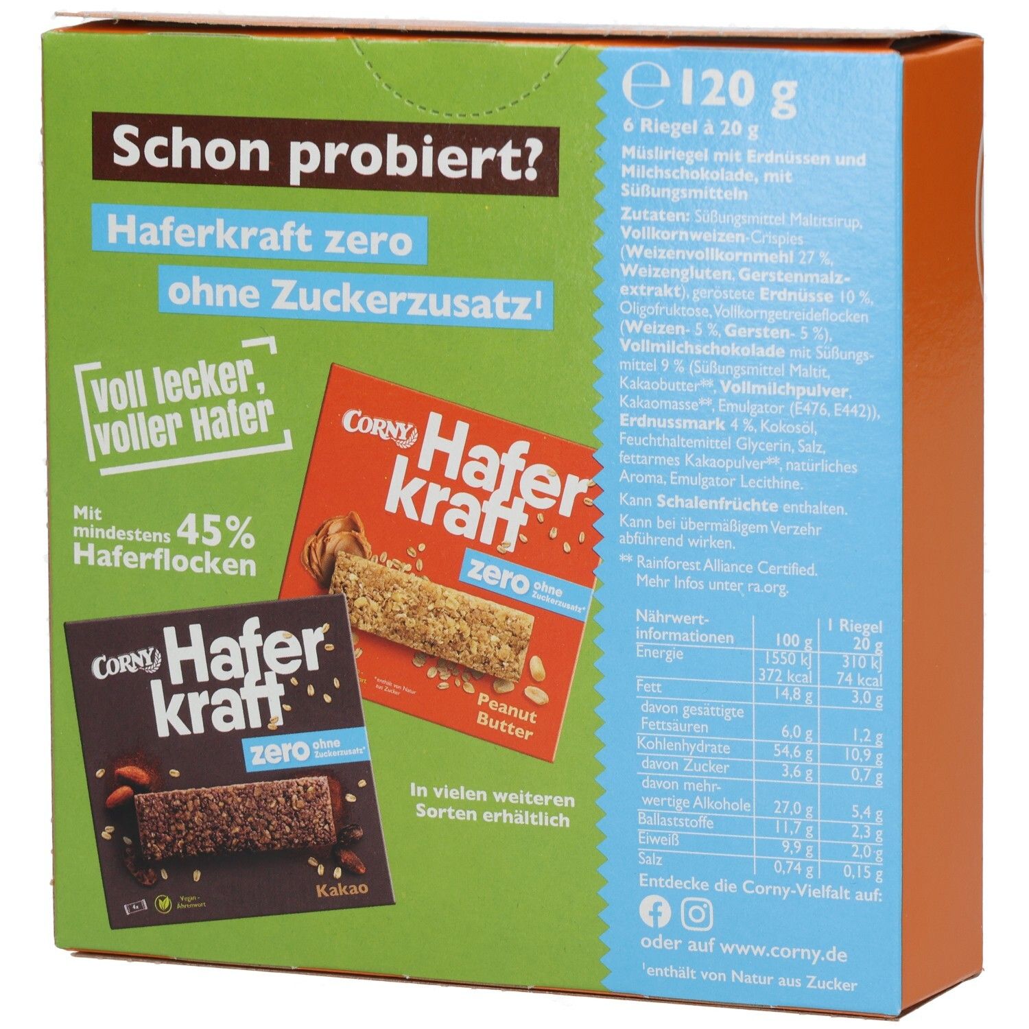 Schachtel mit CORNY Haferkraft zero. Mehrere Riegel-Abbildungen. Vegan-Siegel. Ohne Zuckerzusatz. 120g.