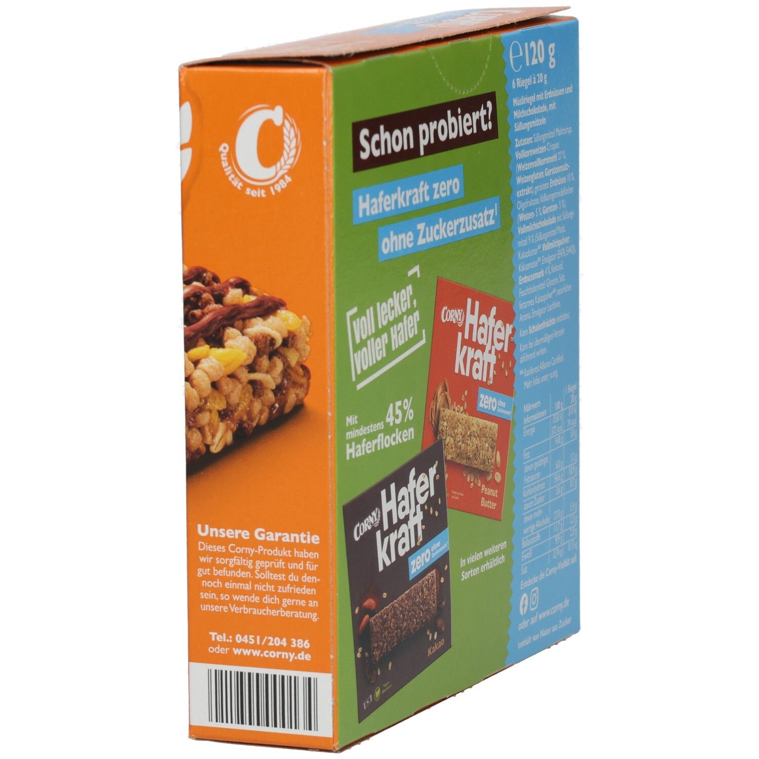 Schachtel mit CORNY Haferkraft zero. Seitenansicht mit Riegelabbildung. Vegan-Siegel. Ohne Zuckerzusatz. 120g.