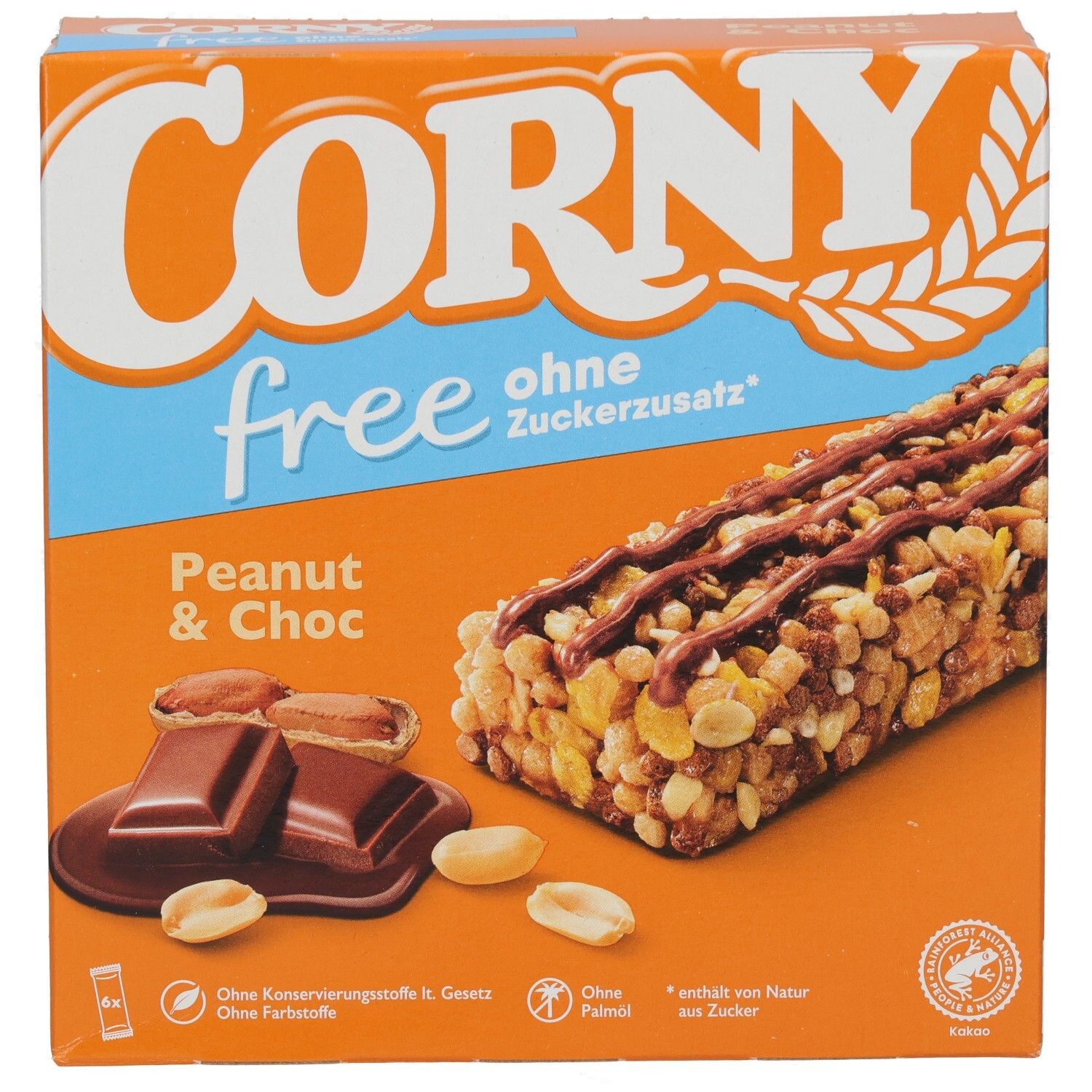 Verpackung CORNY free Peanut & Choc. Blaue Schachtel mit Riegel- und Zutatenabbildung. Ohne Zuckerzusatz.