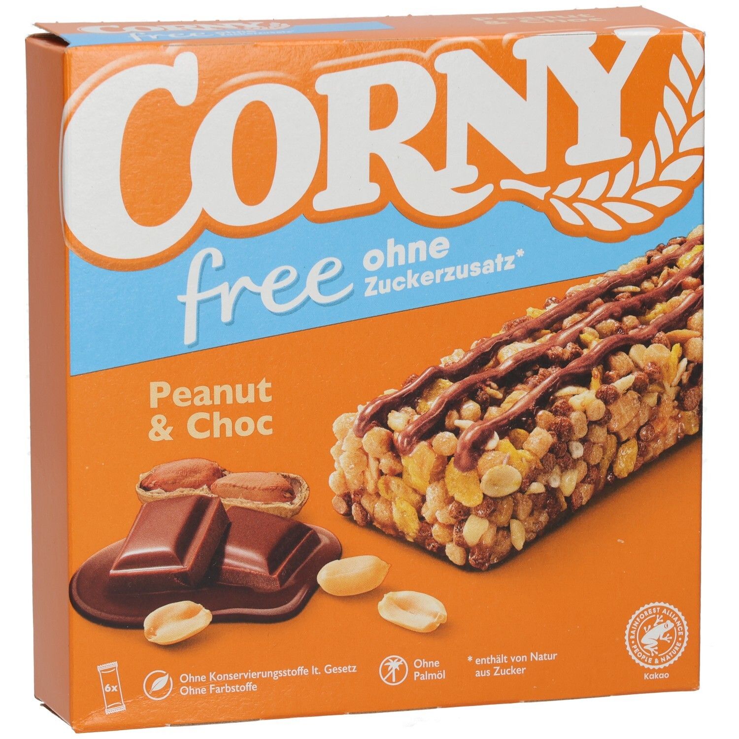 Verpackung CORNY free Peanut & Choc. Blaue Schachtel mit Riegel- und Zutatenabbildung. Ohne Zuckerzusatz. 120g.