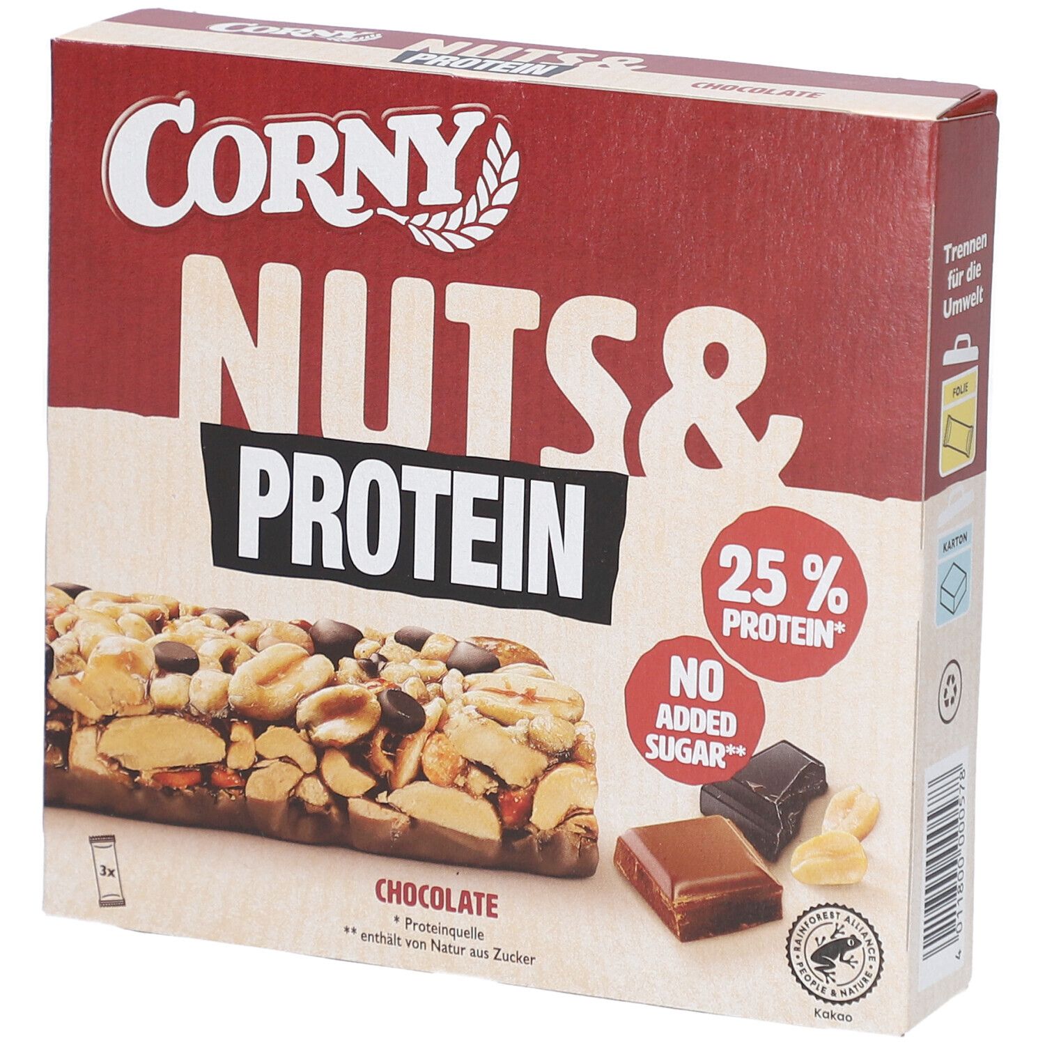 Verpackung von Corny Nuts & Protein Riegel. Riegel mit Erdnüssen, Schokoladenstückchen und 25% Protein. Aufdruck: "No Added Sugar".