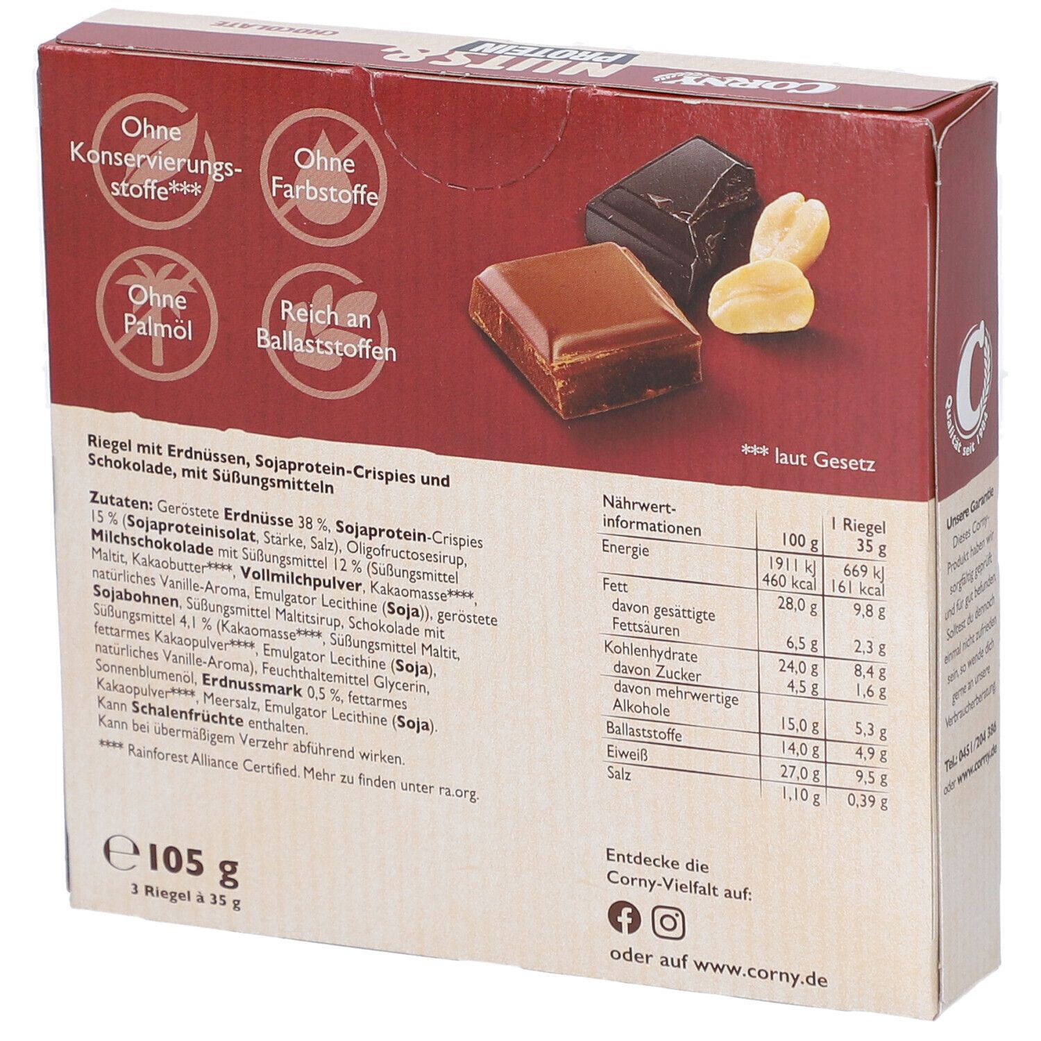 Rückseite der Verpackung von Corny Nuts & Protein Riegel. Zutatenliste, Nährwertangaben und Logos. Aufdruck: "Ohne Konservierungsstoffe".