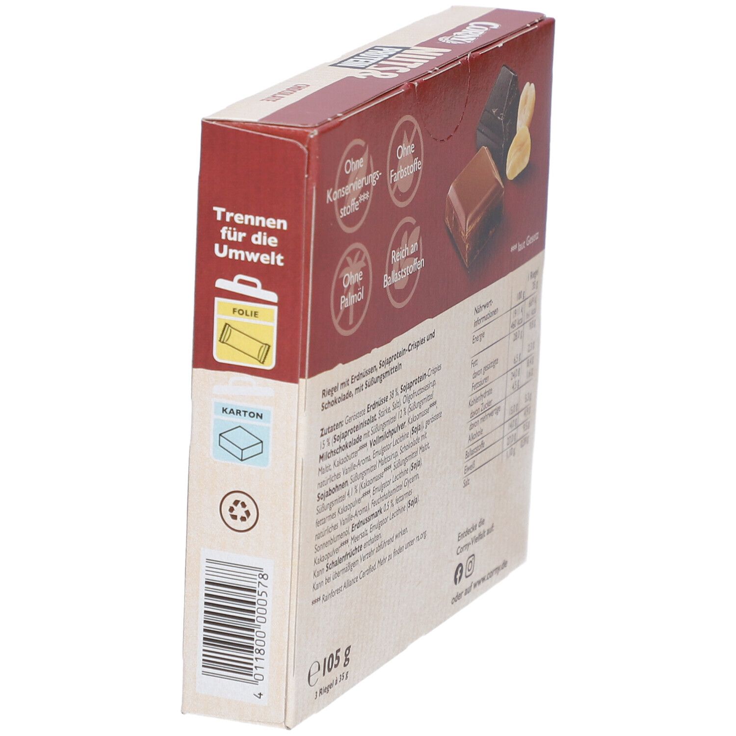Schräg gestellte Verpackung von Corny Nuts & Protein Riegel. Aufdruck: "Trennen für die Umwelt". Logos und Text.