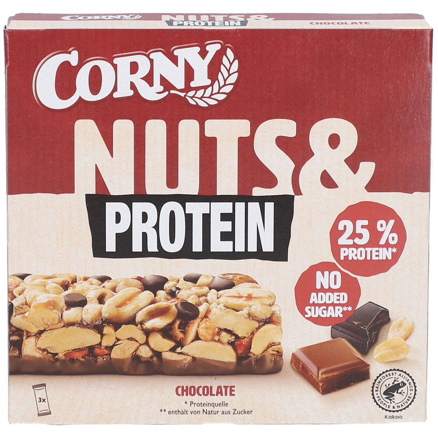 Verpackung von Corny Nuts & Protein Riegel. Riegel mit Erdnüssen, Schokoladenstückchen und 25% Protein. Aufdruck: "No Added Sugar".