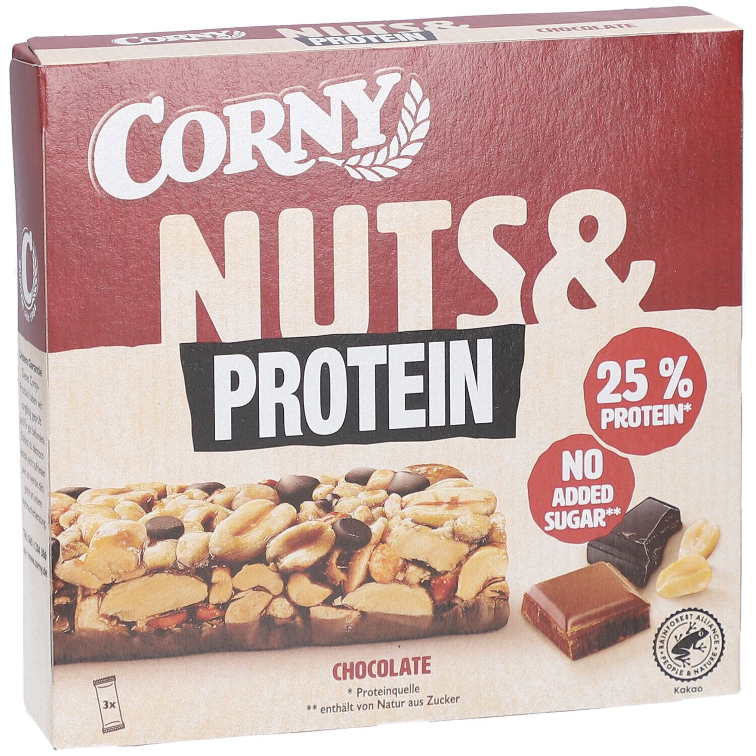 Verpackung von Corny Nuts & Protein Riegel. Riegel mit Erdnüssen, Schokoladenstückchen und 25% Protein. Aufdruck: "No Added Sugar".
