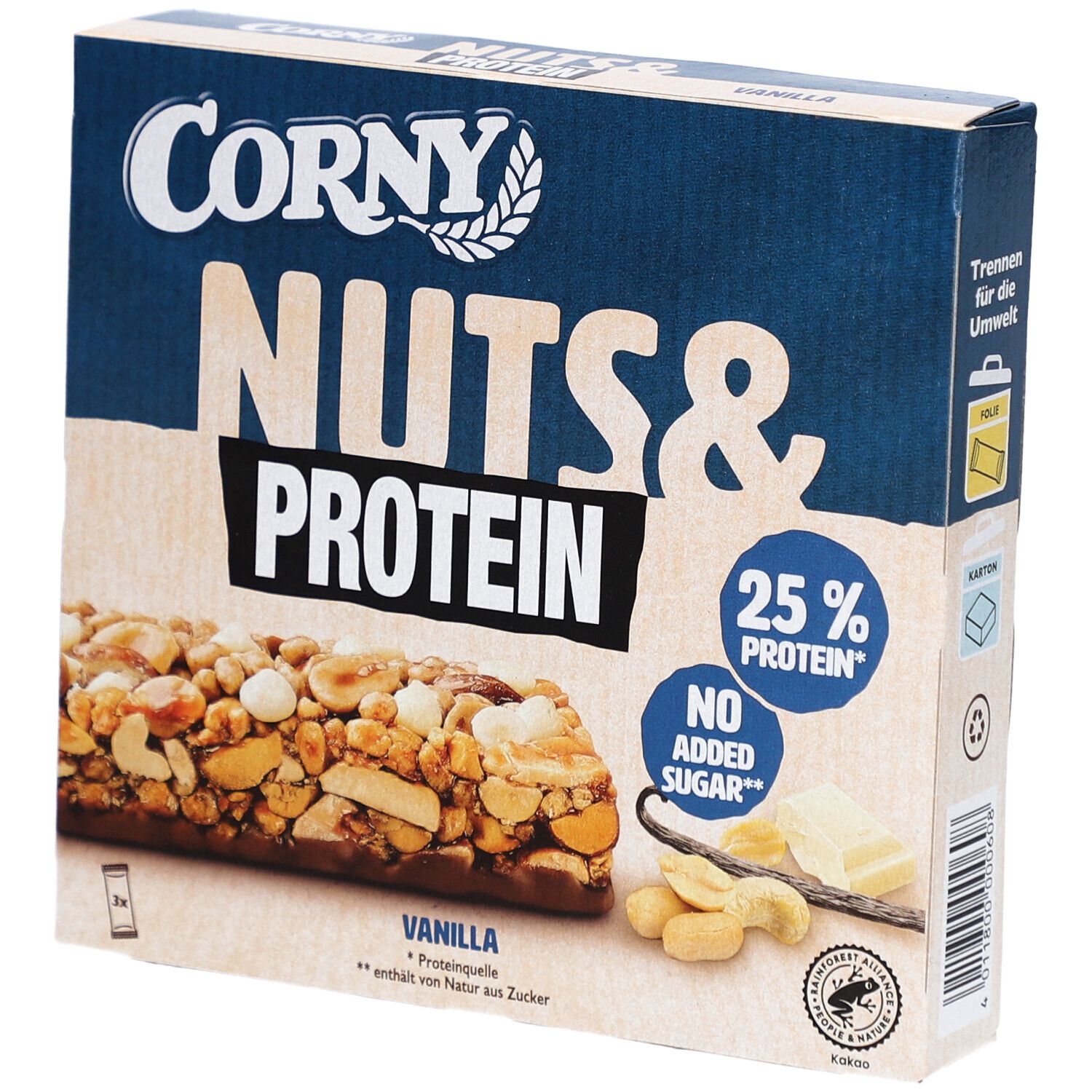 Verpackung von Corny Nuts & Protein Vanille Riegel. Blaue und beige Box mit Riegel-Abbildung, Cashewkernen und Vanille.