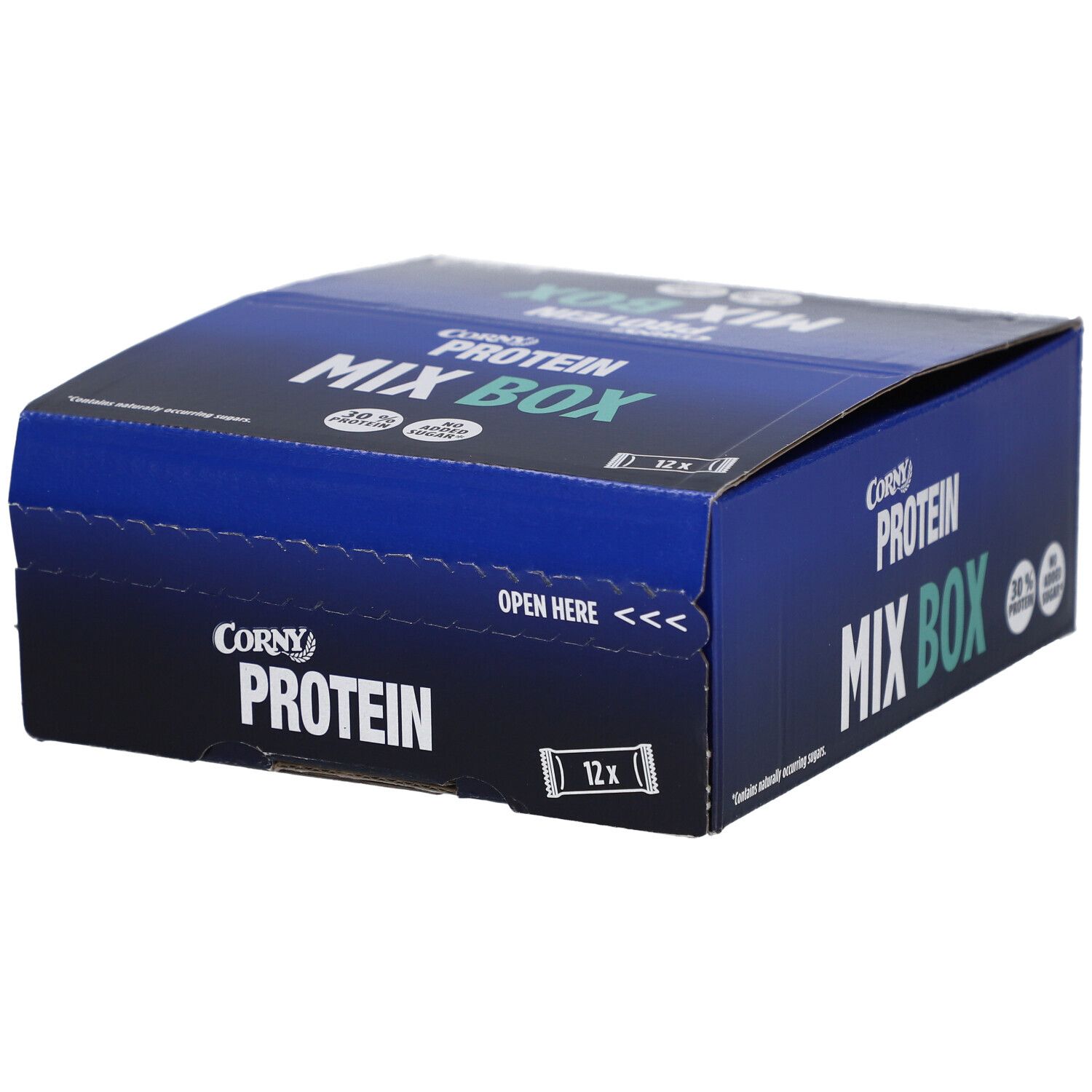Blau-schwarze Corny Protein Mix Box. Aufschrift: Protein, Mix Box, 12x. Box ist teilweise geöffnet.