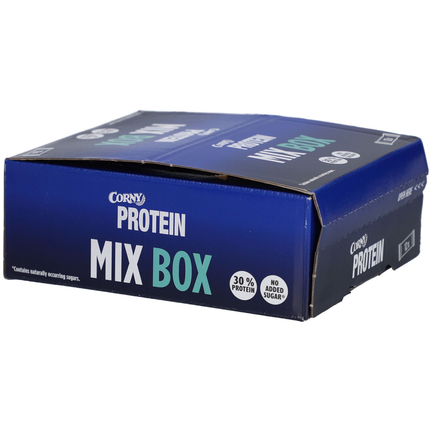 Blau-schwarze Corny Protein Mix Box. Aufschrift: Protein, Mix Box, 30% Protein, No Added Sugar.