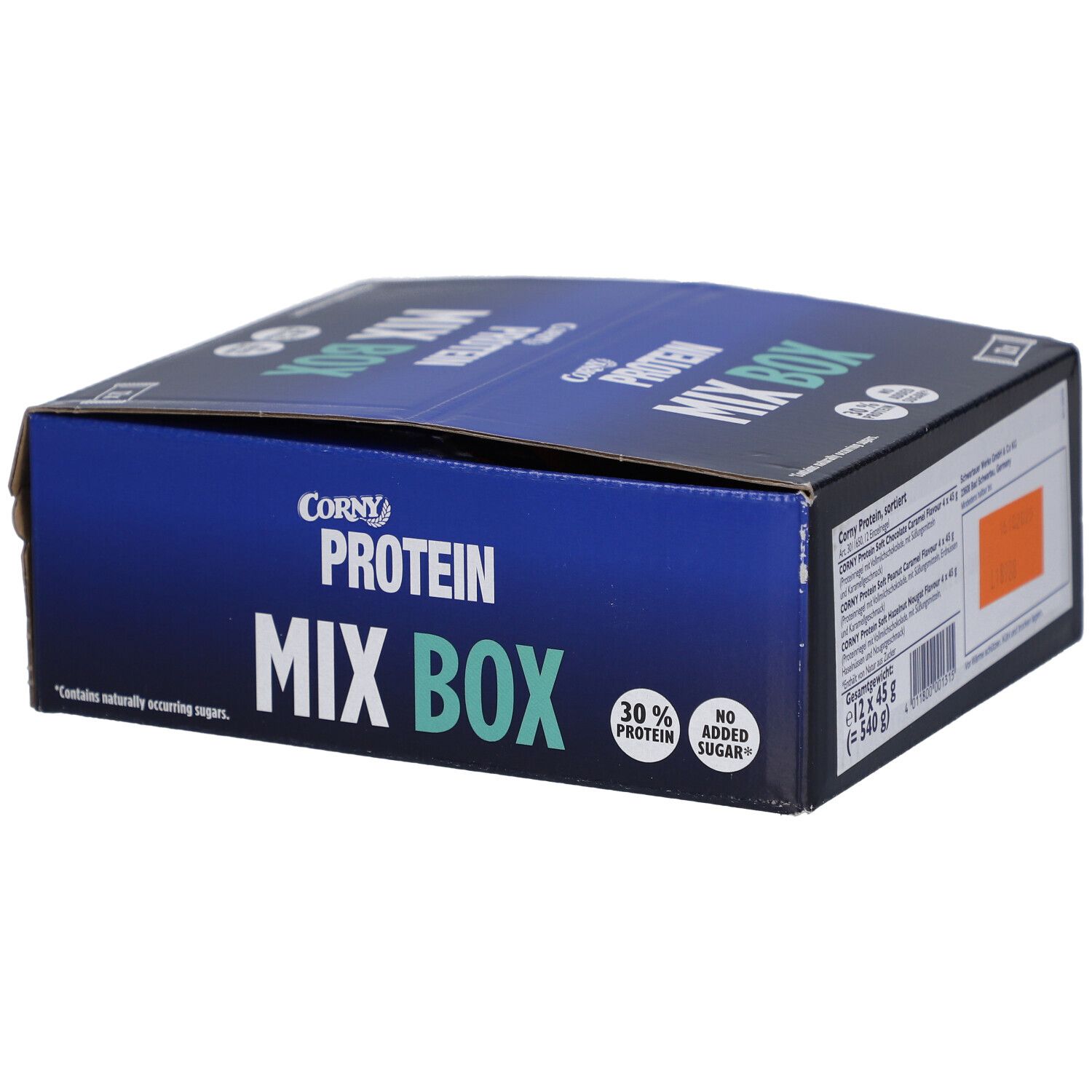 Blau-schwarze Corny Protein Mix Box. Aufschrift: Protein, Mix Box, 30% Protein, No Added Sugar. Gewicht 540g.