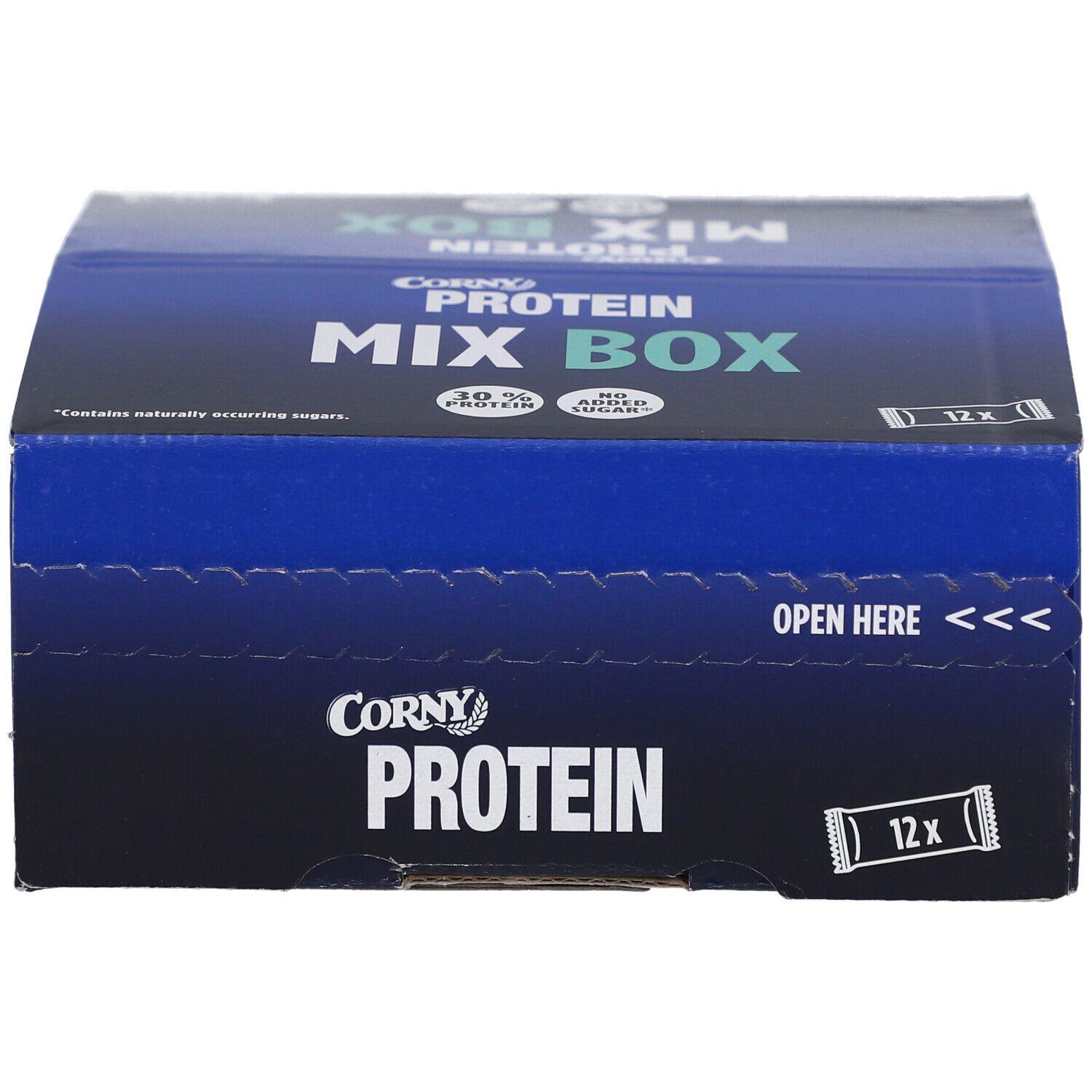 Blau-schwarze Corny Protein Mix Box. Aufschrift: Protein, Mix Box, 12x. Box ist teilweise geöffnet.