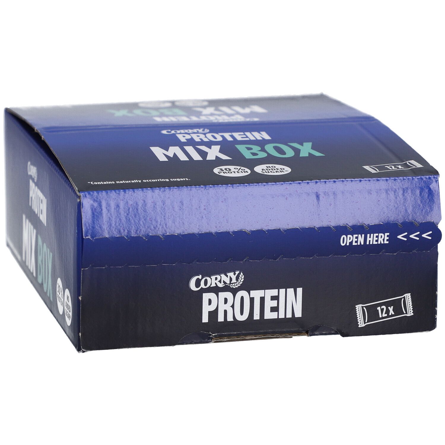 Blau-schwarze Corny Protein Mix Box. Aufschrift: Protein, Mix Box, 12x. Box ist teilweise geöffnet.