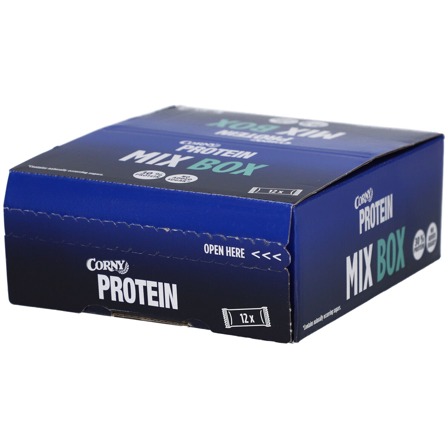 Blauer Karton mit CORNY Protein Mix Box-Logo. Enthält 12 Riegel. Aufschrift: Open Here.